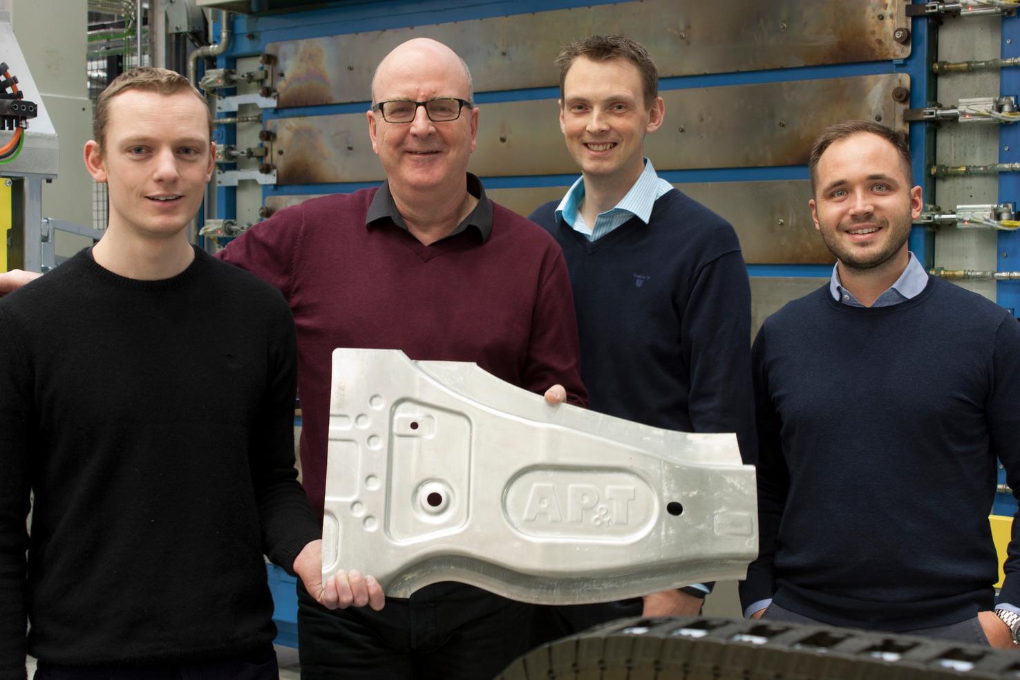 AP&T’s R&D team is helping to develop a new forming method for aluminum that can make the cars of tomorrow lighter and more fuel efficient. From left: Otto Kragt (devel-opment engineer, R&D), Lars-Olof Jönsson (project manager, R&D), Knut Erik Snilsberg (MSc Metallurgy, SINTEF) and Dr. Christian Koroschetz (director, Technology Development).